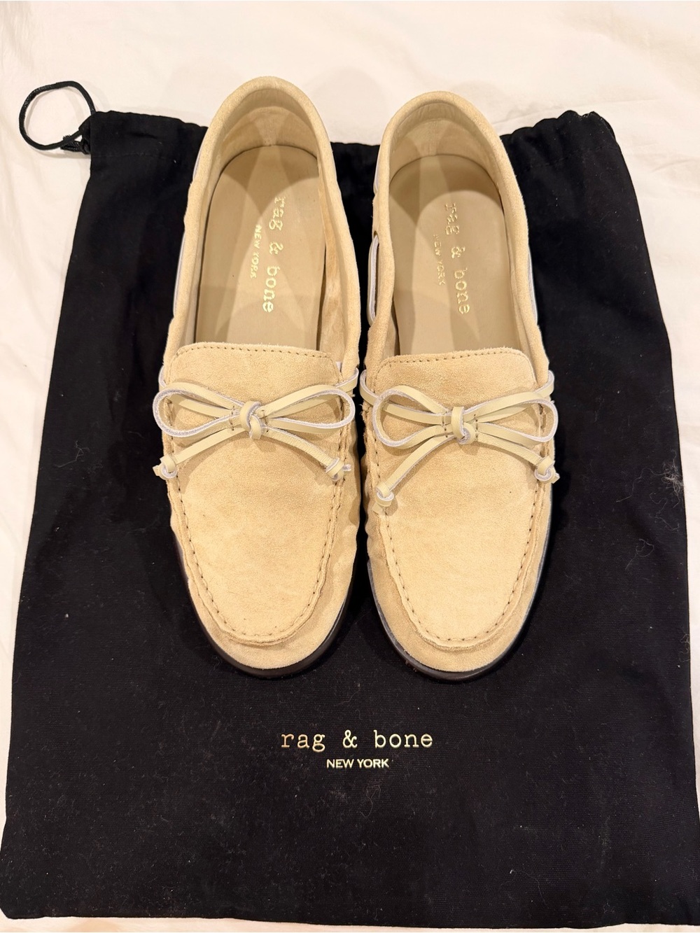 rag & bone Light Beige Suede Moccasin Loafers with Bow